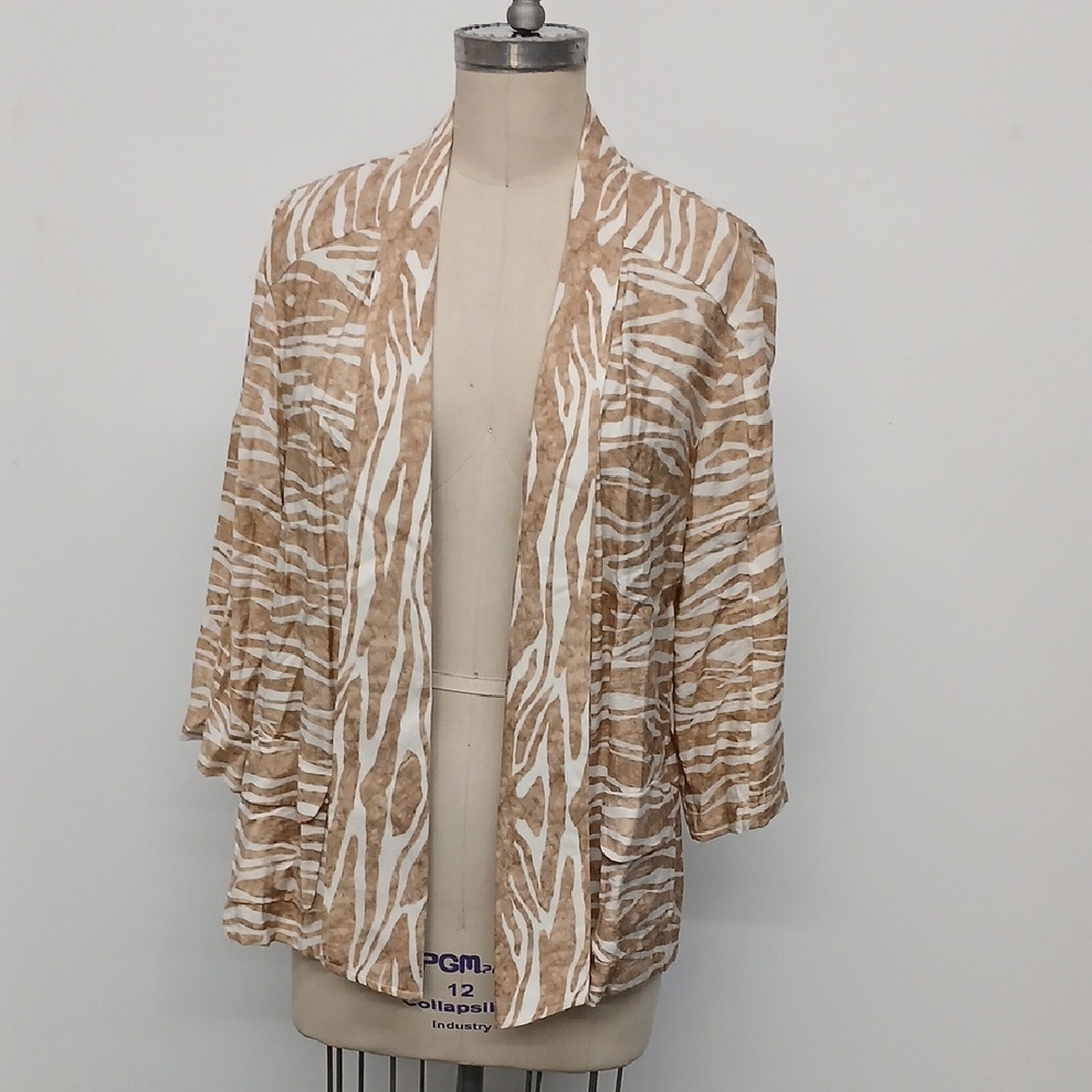 Chico's Lightweight Tan & White Zebra Print Open Front Jacket Cardigan